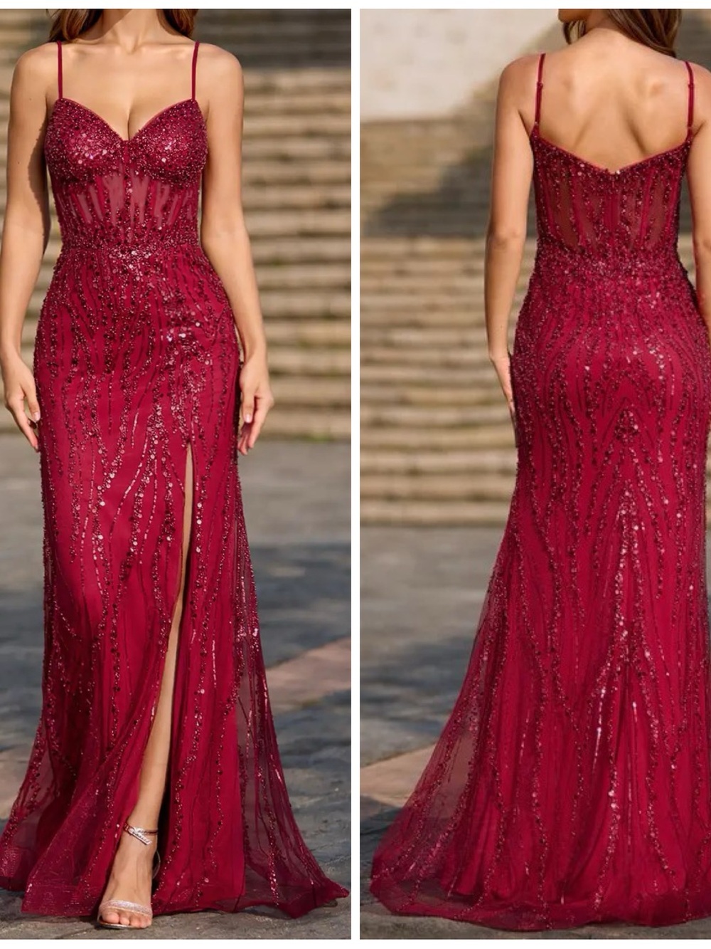 Embellished Burgundy Spaghetti-Strap Prom Dress